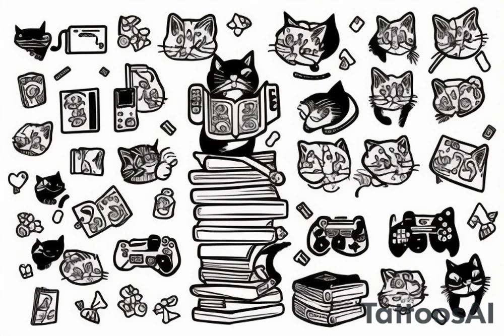 Cat reading a book, and another cat with a video game controller tattoo idea Cat reading a book, and another cat with a video game controller tattoo idea