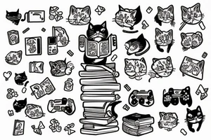 Cat reading a book, and another cat with a video game controller tattoo idea