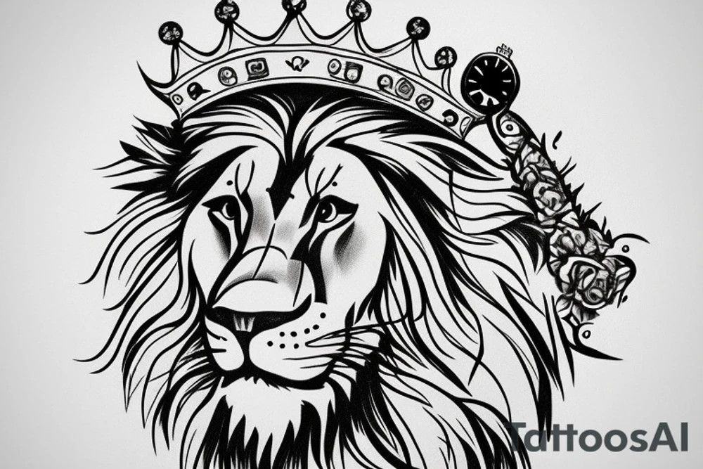 lion with crown on top with a clock underneath tattoo idea