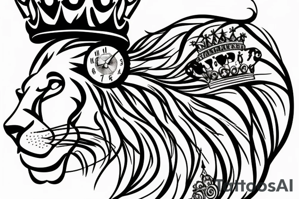 lion with crown on top with a clock underneath tattoo idea