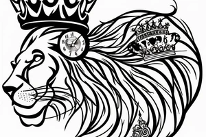 lion with crown on top with a clock underneath tattoo idea