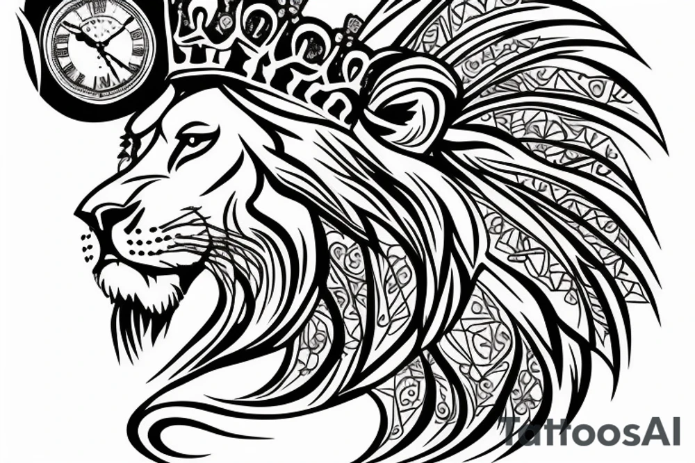 lion with crown on top with a clock underneath tattoo idea
