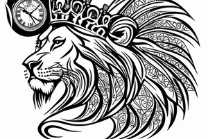 lion with crown on top with a clock underneath tattoo idea