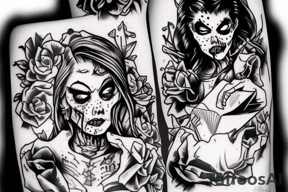 Zombie pinup reading a book tattoo idea