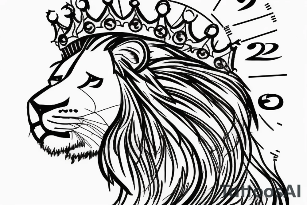 lion with crown on top with a clock underneath tattoo idea