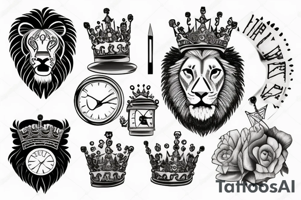 lion with crown on top with a clock underneath tattoo idea