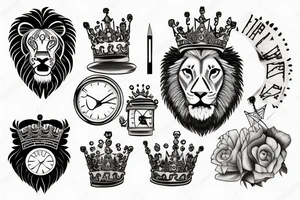 lion with crown on top with a clock underneath tattoo idea