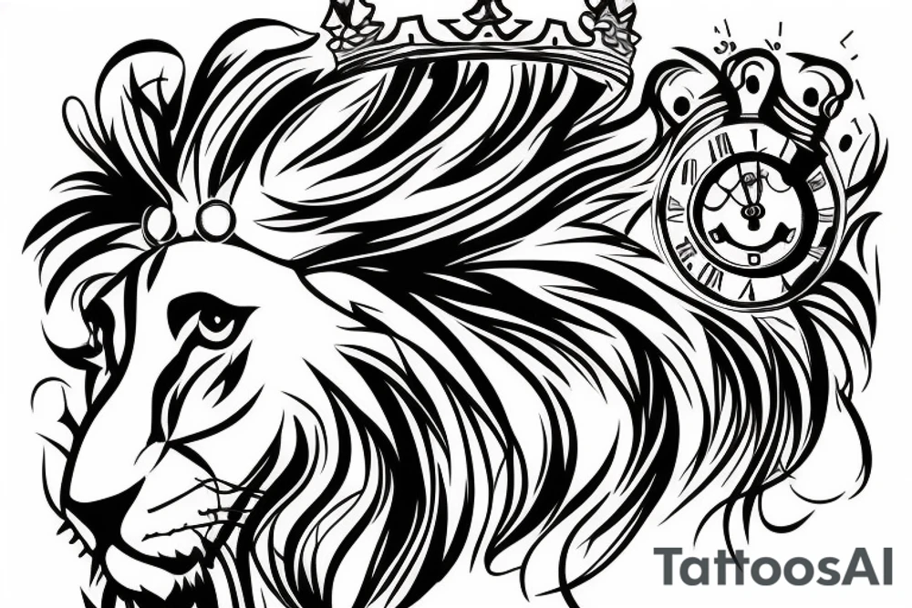 lion with crown on top with a clock underneath tattoo idea