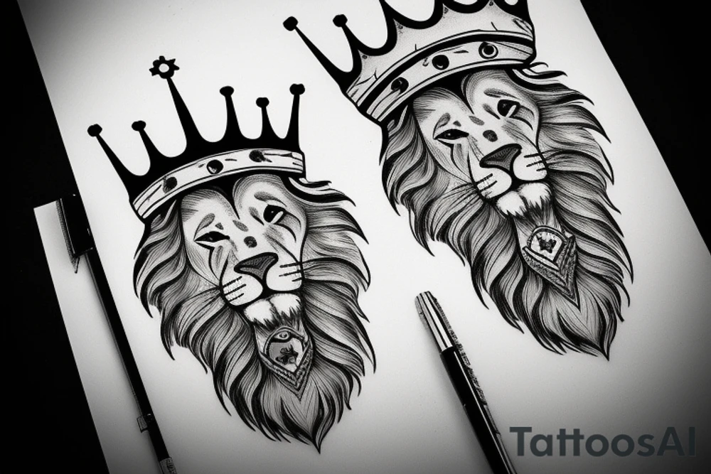 lion with crown on top with a clock underneath tattoo idea