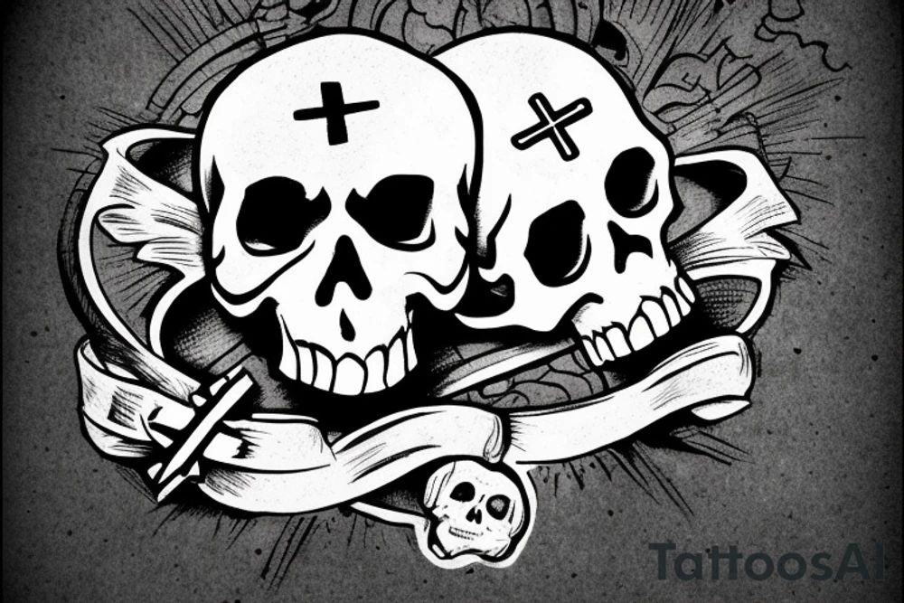 Skull with a thought bubble. Inside the thought bubble, a book, a game controller, and an upside-down cross. tattoo idea