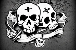 Skull with a thought bubble. Inside the thought bubble, a book, a game controller, and an upside-down cross. tattoo idea