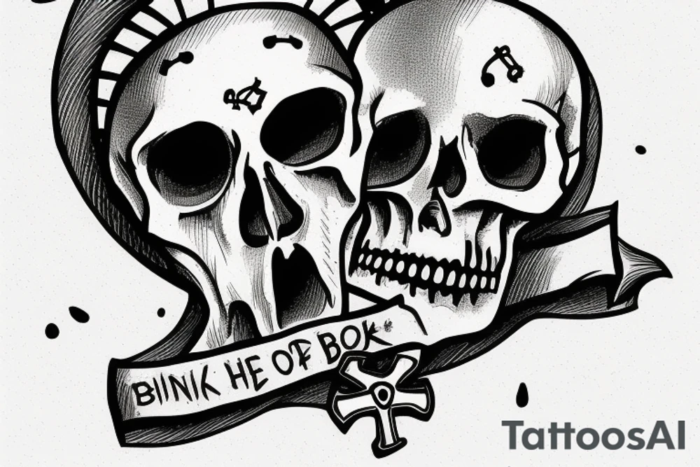 Skull with a thought bubble. Inside the thought bubble, a book, a game controller, and an upside-down cross. tattoo idea