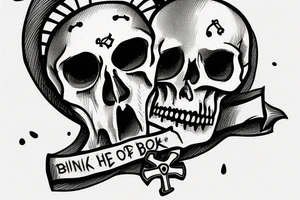 Skull with a thought bubble. Inside the thought bubble, a book, a game controller, and an upside-down cross. tattoo idea
