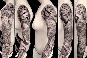 Feminine half sleeve in artists from Seven Tattoo studio in Las Vegas style tattoo idea