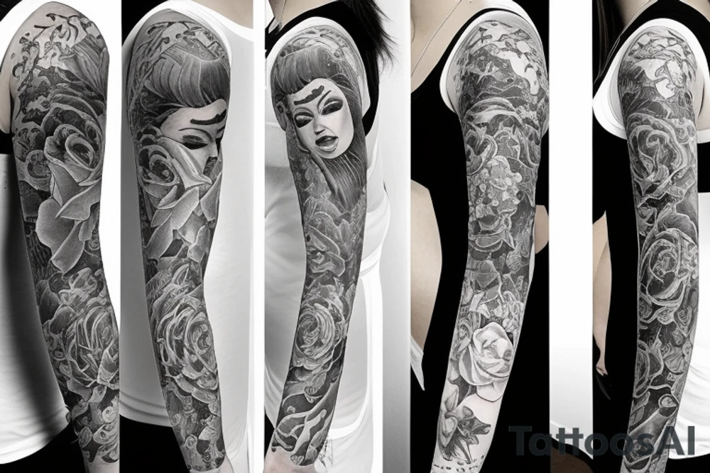Feminine half sleeve in artists from Seven Tattoo studio in Las Vegas style tattoo idea
