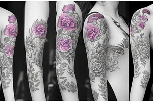 Feminine half sleeve, realistic, with snap dragon flowers, lavendars flowers, ferns, dahlia and a rose tattoo idea