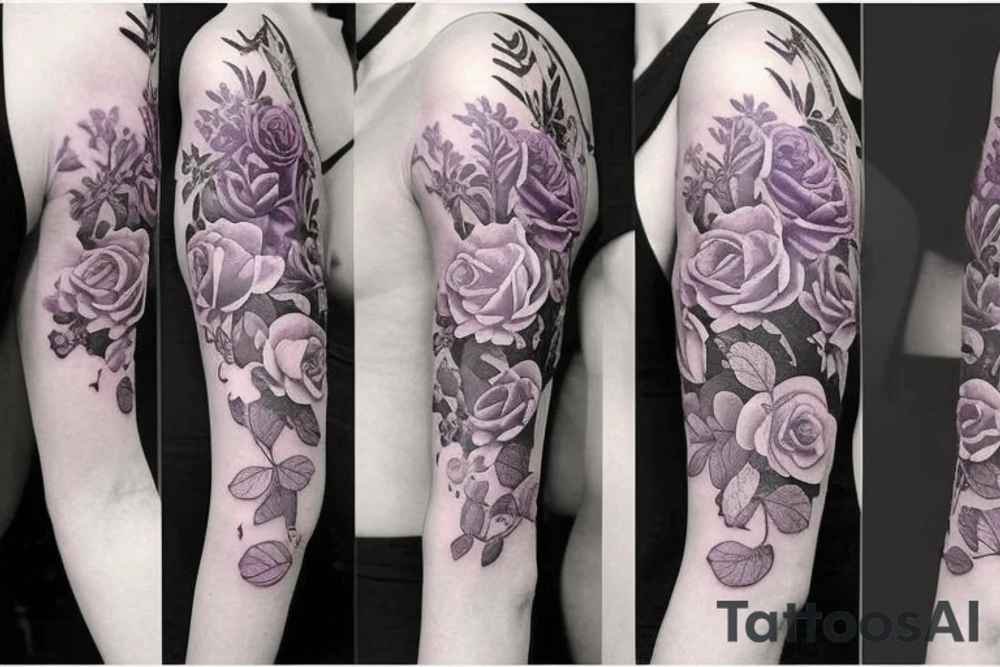 Feminine half sleeve, realistic, with snap dragon flowers, lavendars flowers, ferns, dahlia and a rose tattoo idea