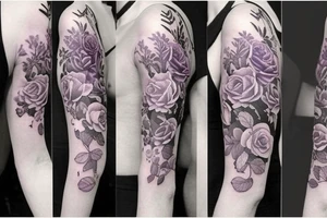 Feminine half sleeve, realistic, with snap dragon flowers, lavendars flowers, ferns, dahlia and a rose tattoo idea
