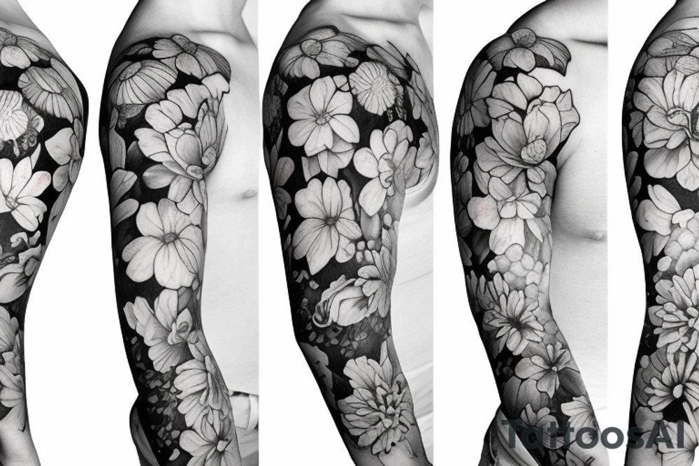 Feminine half sleeve, realistic, with snap dragon flowers and other flowers tattoo idea