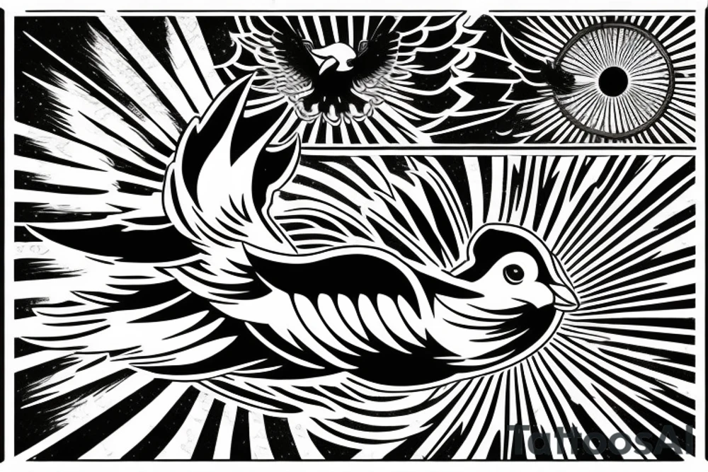 flying dove over sea. sunset. sun rays. "freedom" written in Russian tattoo idea