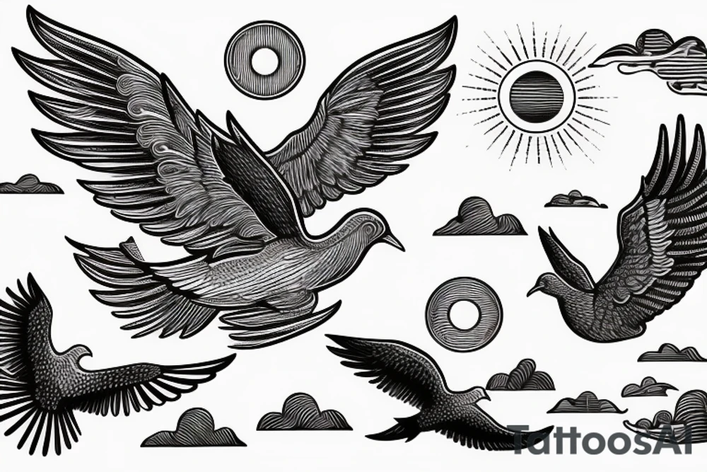 flying dove over sea. sunset. sun rays. "freedom" written in Russian tattoo idea