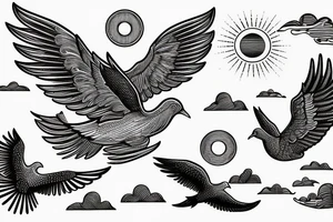 flying dove over sea. sunset. sun rays. "freedom" written in Russian tattoo idea