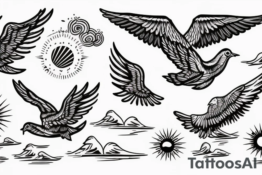 flying dove over sea. sunset. sun rays. "freedom" written in Russian tattoo idea