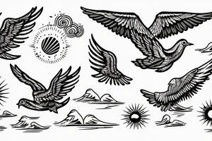 flying dove over sea. sunset. sun rays. "freedom" written in Russian tattoo idea
