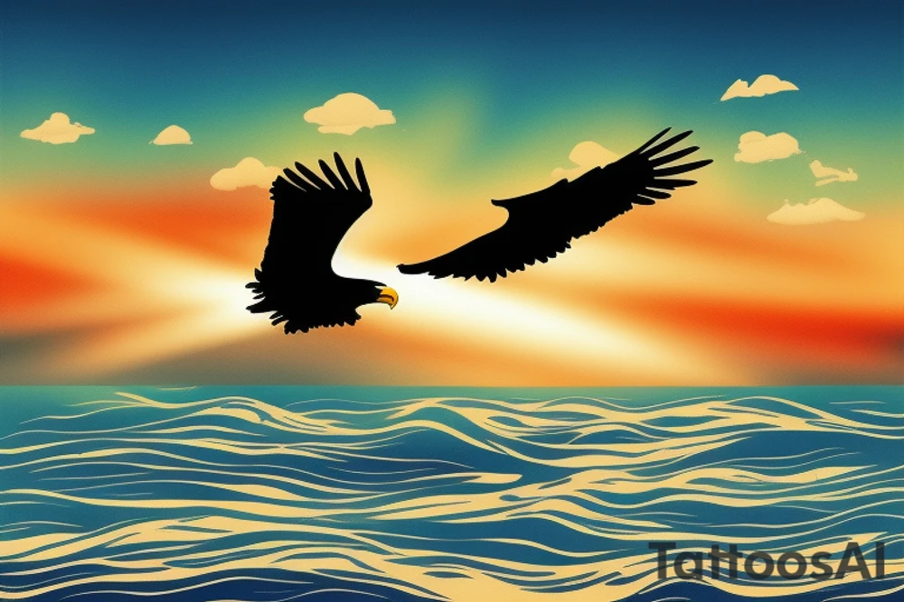 flying eagle over sea. sunset. sun rays. "freedom" written in Russian tattoo idea