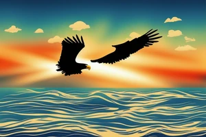 flying eagle over sea. sunset. sun rays. "freedom" written in Russian tattoo idea