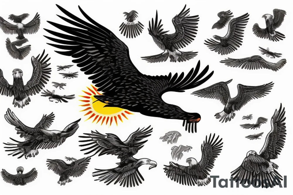 flying eagle over sea. sunset. sun rays. "freedom" written in Russian tattoo idea