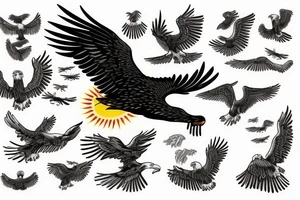 flying eagle over sea. sunset. sun rays. "freedom" written in Russian tattoo idea