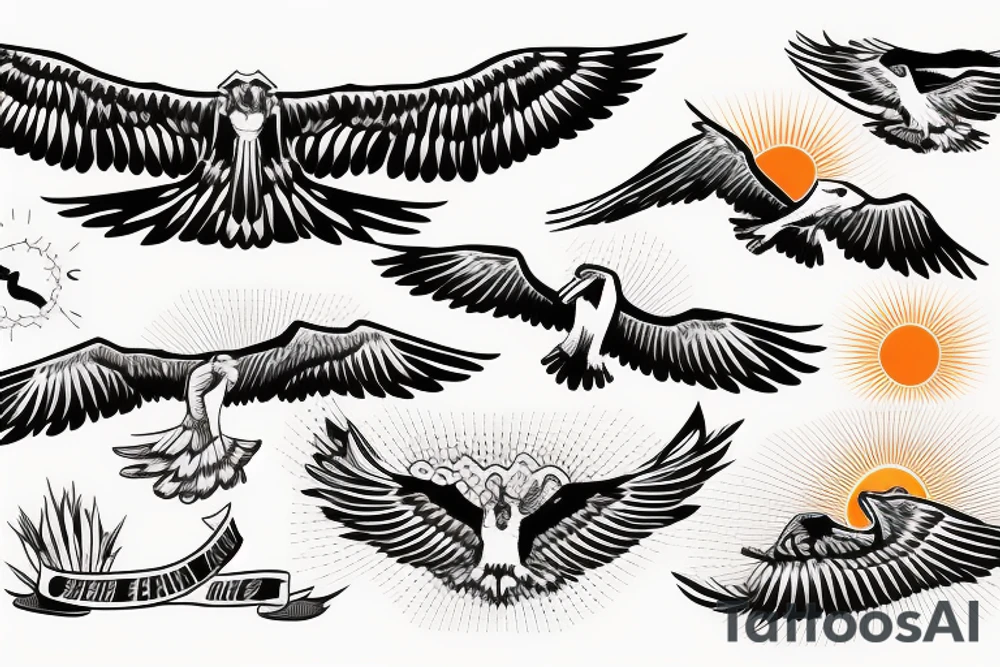 flying eagle over sea. sunset. sun rays. "freedom" written in Russian tattoo idea flying eagle over sea. sunset. sun rays. "freedom" written in Russian tattoo idea
