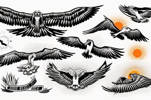 flying eagle over sea. sunset. sun rays. "freedom" written in Russian tattoo idea