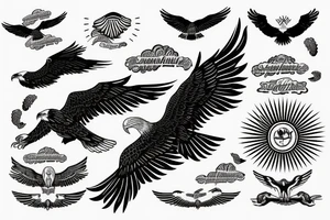 flying eagle over sea. sunset. sun rays. "freedom" written in Russian tattoo idea