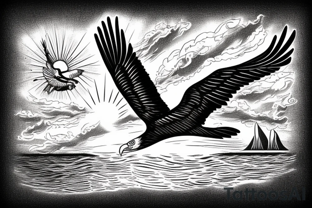 flying eagle over sea. sunset. sun rays. "freedom" written in Russian tattoo idea