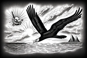 flying eagle over sea. sunset. sun rays. "freedom" written in Russian tattoo idea