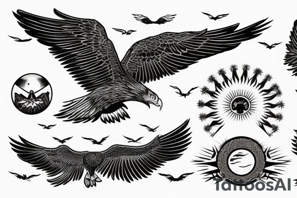 flying eagle over sea. sunset. sun rays. "freedom" written in Russian tattoo idea
