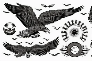 flying eagle over sea. sunset. sun rays. "freedom" written in Russian tattoo idea