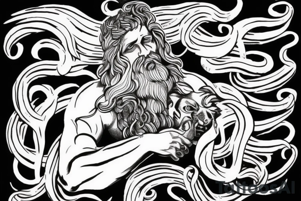 Black and white realism of Zeus the fkd of sky and Medusa tattoo idea