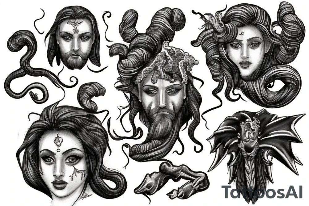 Black and white realism of Zeus the fkd of sky and Medusa tattoo idea
