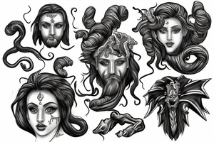 Black and white realism of Zeus the fkd of sky and Medusa tattoo idea