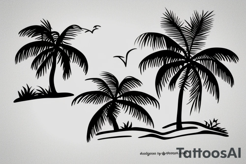 Two symmetrical that form a horizon with ocean and islands with palm trees on them. sunshine in the middle of the two islands tattoo idea
