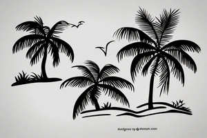 Two symmetrical that form a horizon with ocean and islands with palm trees on them. sunshine in the middle of the two islands tattoo idea