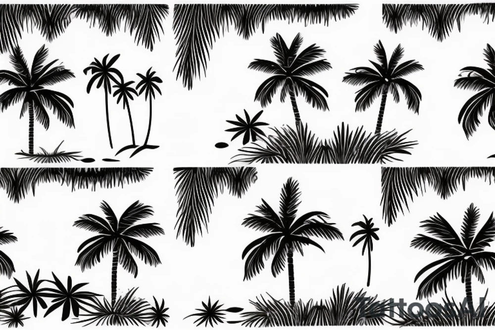 Two symmetrical that form a horizon with ocean and islands with palm trees on them. sunshine in the middle of the two islands tattoo idea