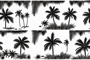 Two symmetrical that form a horizon with ocean and islands with palm trees on them. sunshine in the middle of the two islands tattoo idea