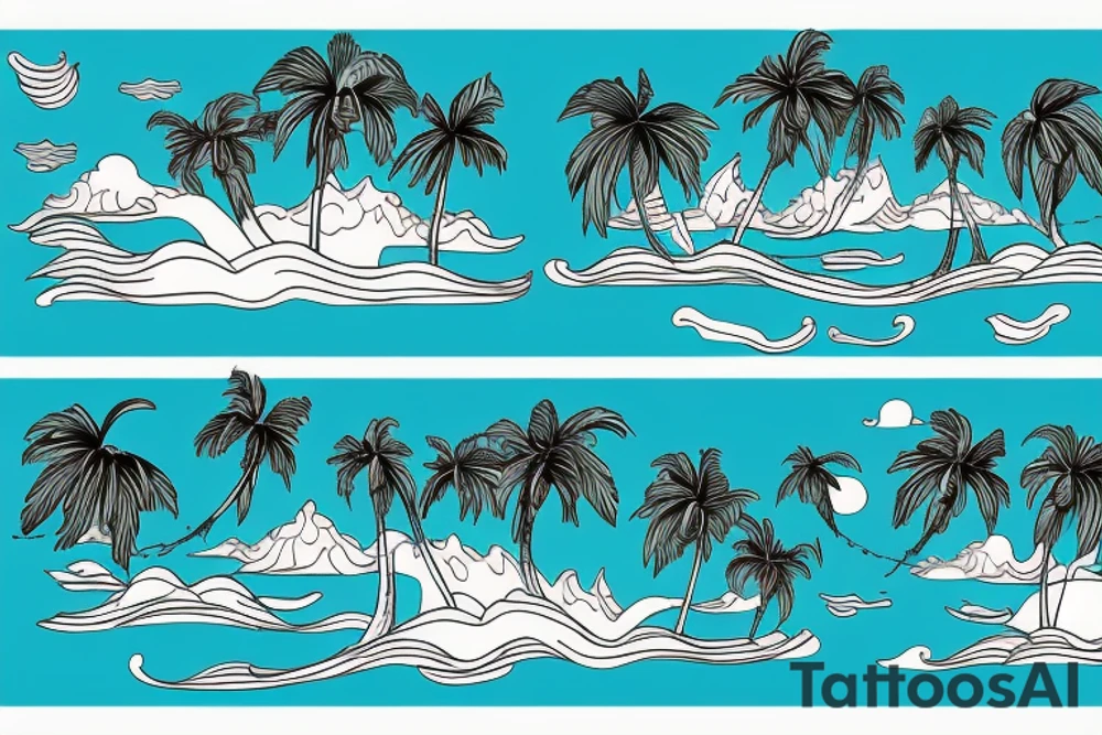 Two symmetrical that form a horizon with ocean and islands with palm trees on them. sunshine in the middle of the two islands tattoo idea