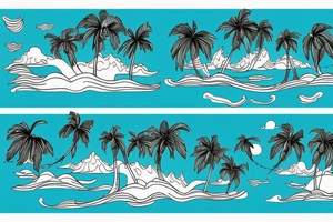 Two symmetrical that form a horizon with ocean and islands with palm trees on them. sunshine in the middle of the two islands tattoo idea