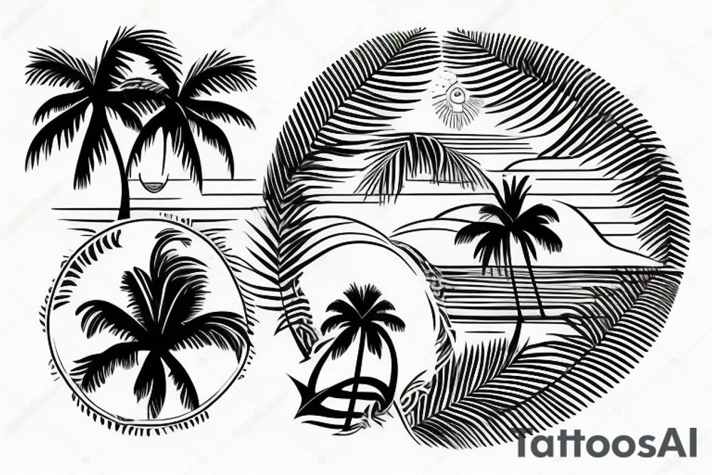 Two symmetrical that form a horizon with ocean and islands with palm trees on them. sunshine in the middle of the two islands tattoo idea