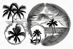 Two symmetrical that form a horizon with ocean and islands with palm trees on them. sunshine in the middle of the two islands tattoo idea
